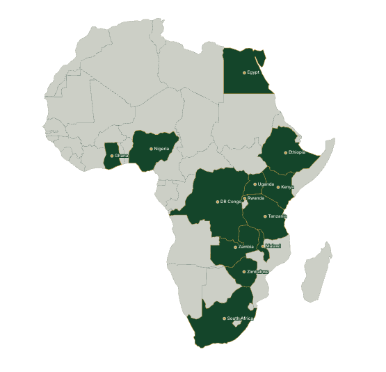 Map of Africa highlighting AHAC's thirteen countries of engagement
